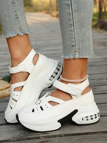 女士厚底镂空纯色沙滩休闲度假时尚性感PU皮革魔术贴镂空坡跟凉鞋，适合居家穿着，四季皆宜 - 白色 - 查看 6