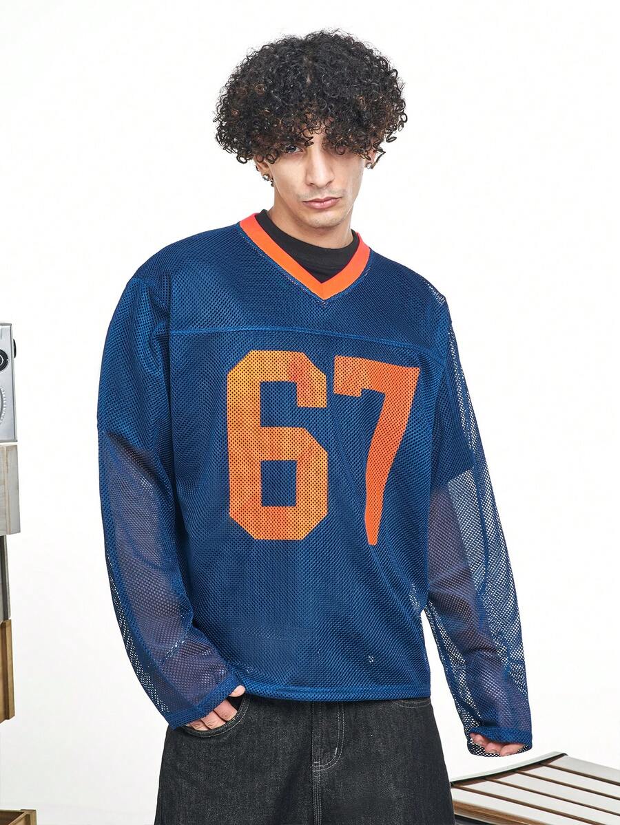 MT99 叠层印花运动衫，V领，透气网眼长袖，街头休闲时尚 - 藏蓝色 - 查看 1