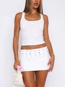 Y2K Studded Bodycon Mini Skirt For Women Fold Over Waist Low Rise Stretchy Micro Skirts Summer Slim Fit Going Out Short Skirts Underneath Party Club Concert Outfit Streetwear - 白色 - 查看 3