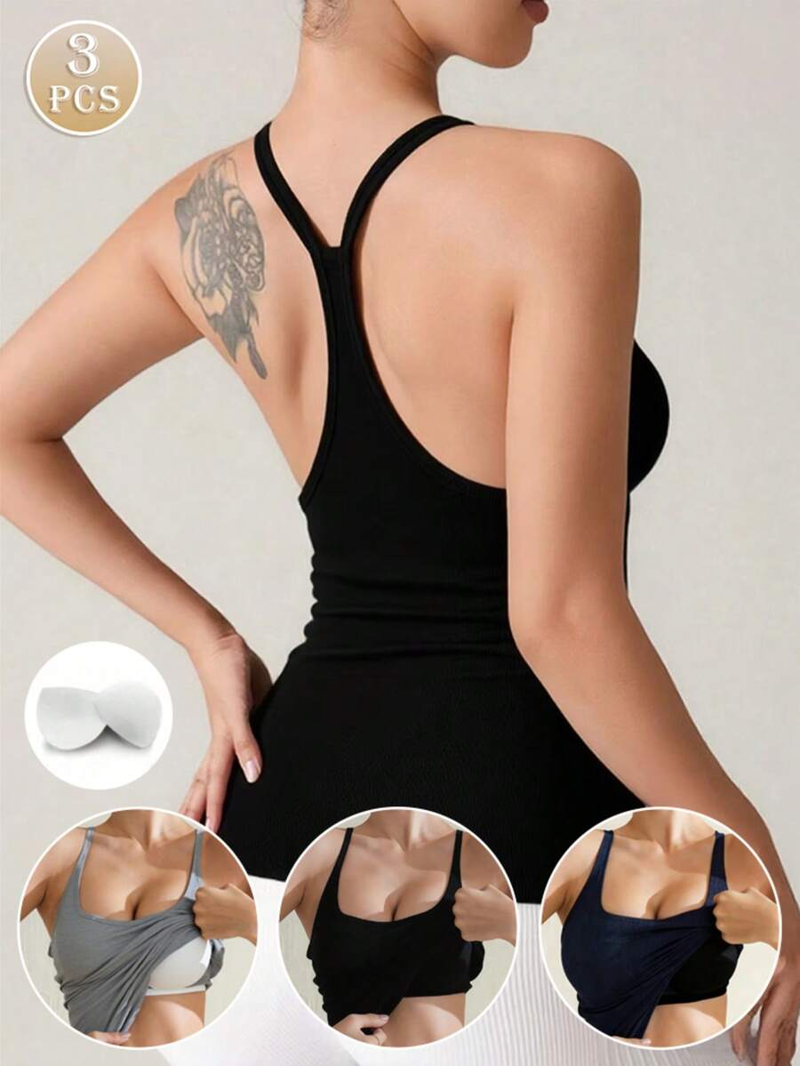 Bộ 3 áo hai dây cổ chữ U hở lưng, ôm sát, thoáng khí, thời trang có đệm ngực, đa năng cho mọi mùa