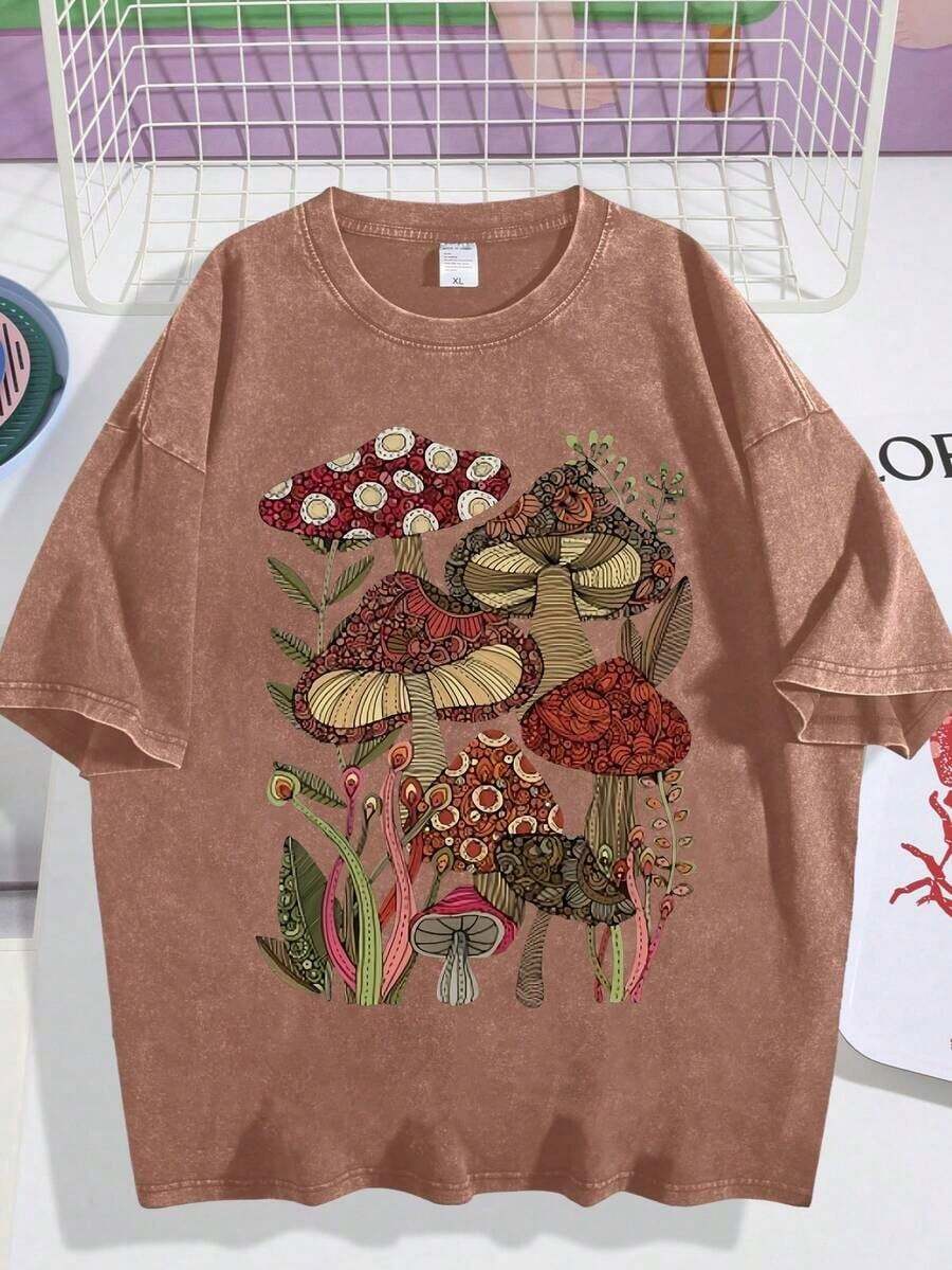 1 Piece, 230g Water Washed, Mushroom Meeting Time To Print T-Shirt, High-Quality Wax Printed Cotton Retro Fashion T-Shirt, Men's T-Shirt, Beach Essential, Men's Summer T-Shirt - 咖啡色 - 查看 1