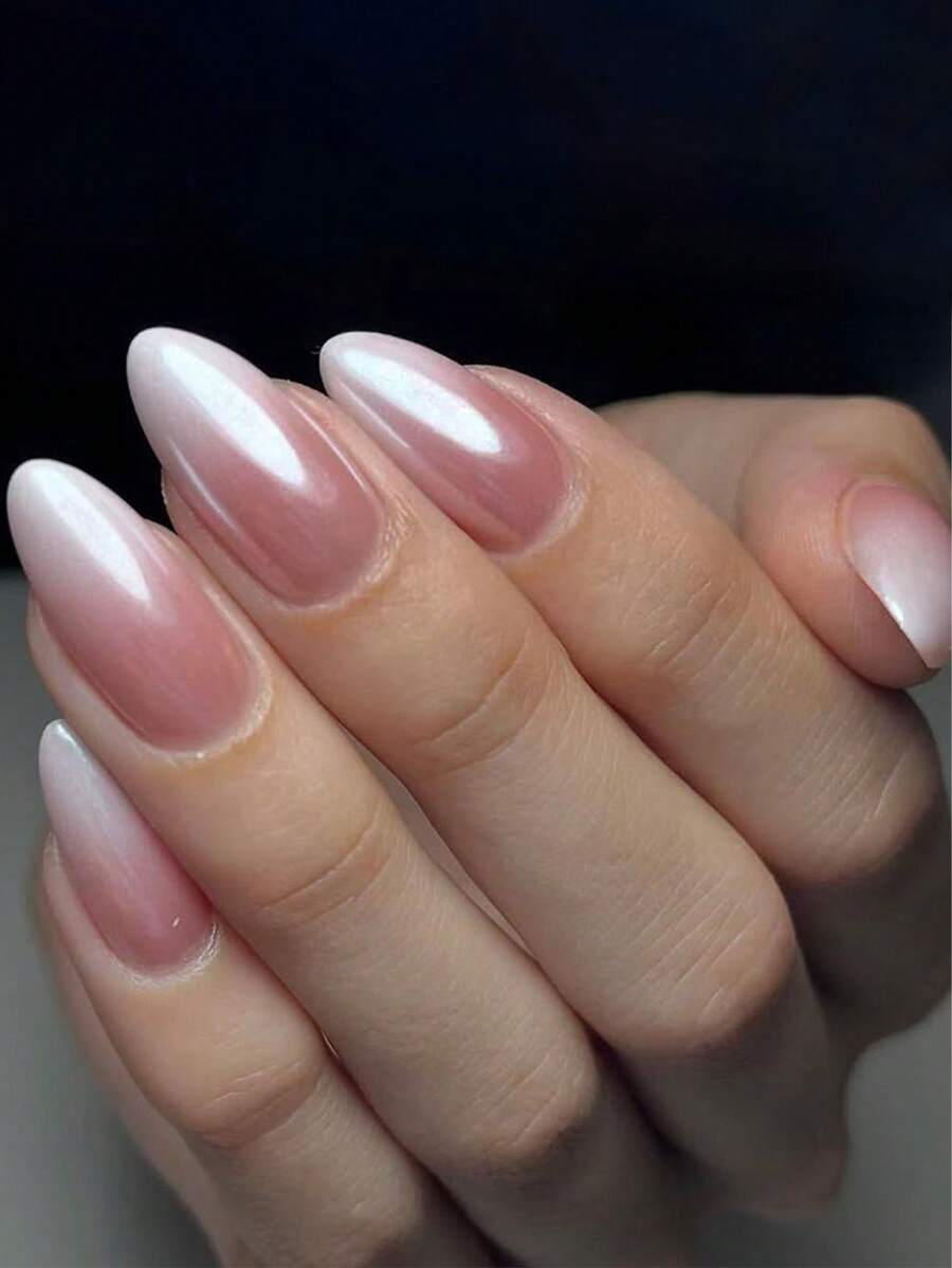 24片装长杏仁形美甲贴片，欧美法式裸粉色渐变极简风格，全覆盖易贴设计，适合女性和女孩的日常生活和旅行。 - 彩色 - 查看 1