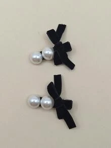 2pcs Elegant Double Pearl Bow Velvet Duck Clip Bangs Hairpin, Retro French Style Minimalist Chic For Girls