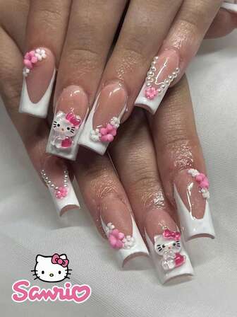  24PCS Medium Square False Nail HelloKitty White French Red Flower Sanrio Nail Art Cute Chrome Alloy Acrylic Press On Nail Gel Nail Art Nail Supplies Art Nail Set (Attached: A Piece Of Jelly Gel And File) Suitable For Women's Daily Dating Party