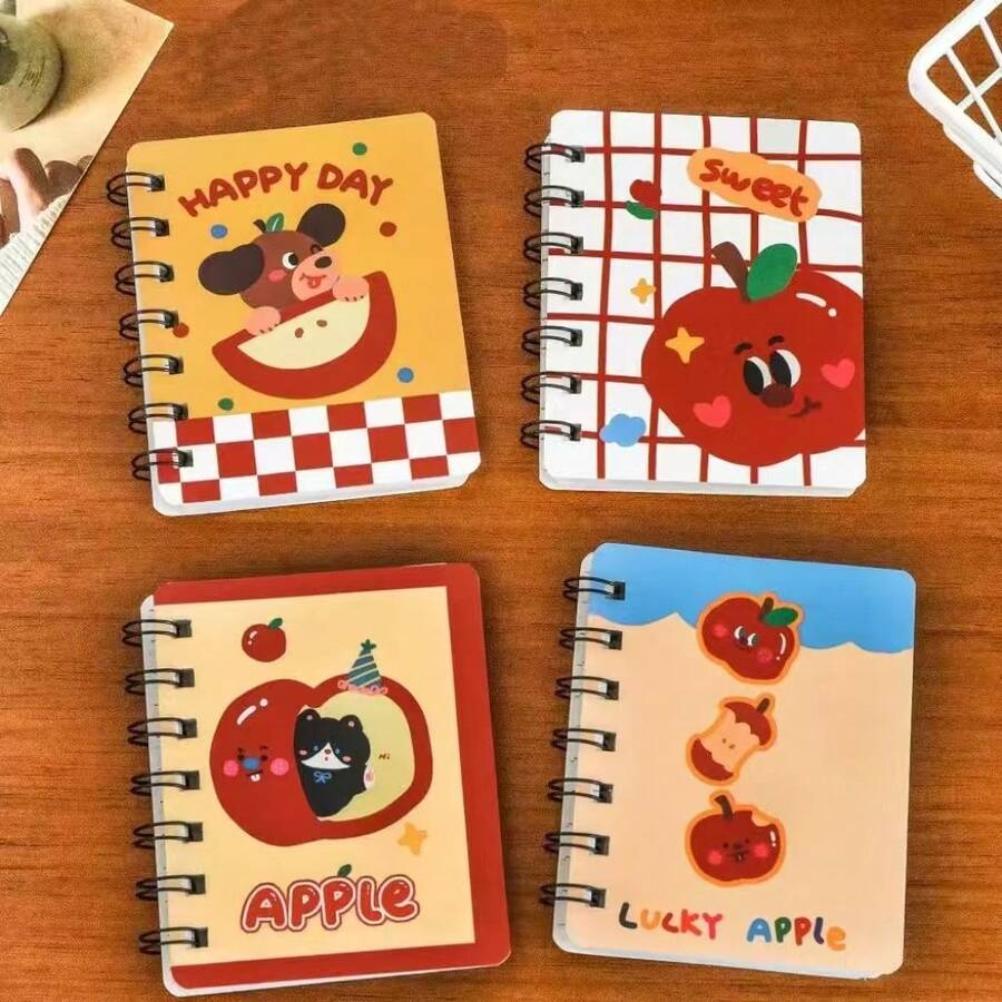 1-4pcs Apple Cat Spiral Notebooks, A7 Flip Page Mini Notebooks, Cute High-Quality Pocket Notebooks, Essential For Students And Teachers - Multicolor - View 1