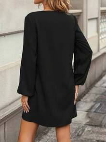 Women's Long-Sleeved Round-Neck Mini Imported Crepe Dress , 30375 - Black - View 2