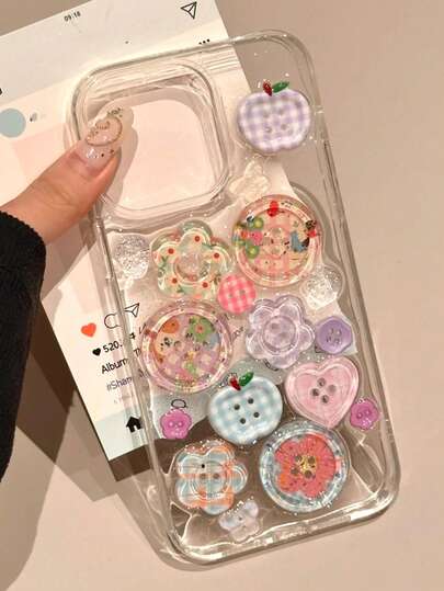 Ốp lưng điện thoại nút bấm hình hoa táo kẻ sọc nhiều màu 3D bằng nhựa resin tương thích với iPhone 17 Pro, Apple 16 New 15 Creative 14 Pro, Nữ 13 Super Popular 15 Pro Max/12/11, Ốp lưng bảo vệ chống rơi