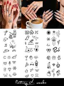 6 PCS Herbal Juice Tattoo Semi-Permanent Magic Festival Tattoos Stickers. Simple And Cute Cat, Bear, Dinosaur, Cactus, Dessert, Heart, Bow Tie, Snake, Spider Web, Elements, Flowers - "HAPPINESS". Text Pattern Of Planets. Pizza, Cocktail, Campfire, Puzzle. Valentine's Day, Carnival Gifts. Pattern. Minimalist Tattoo - Blue - View 11