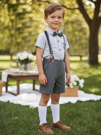 BOARNSEORL 2 piezas Conjunto de caballero para niños pequeños - Camisa de manga corta con cuello y moño, y pantalones cortos de tirantes grises, elegante y apropiado para fiestas de cumpleaños, ocasiones formales, bodas