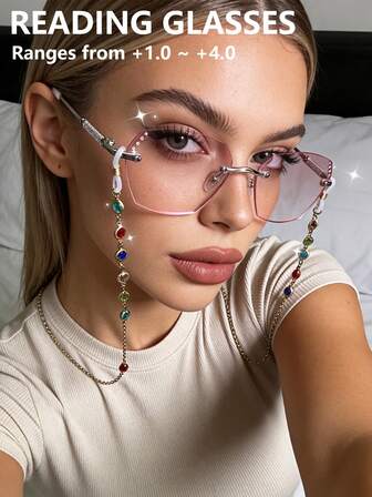 cabecade Eleganta glittrande ramlösa fyrkantiga läsglasögon med glasögonkedja, moderiktiga glitteriga ovala läsglasögon för kvinnor +1,0 till +4,0 dioptrier, snygga läsglasögon