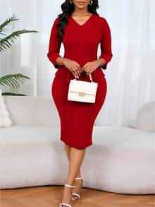 CALEBGAR [Spring Work Dress]Y2K Peplum Midi Dress, 3/4 Sleeve V Neck Bodycon Pencil Dress, Office To Church Sheath Dress - Đỏ - Xem 5