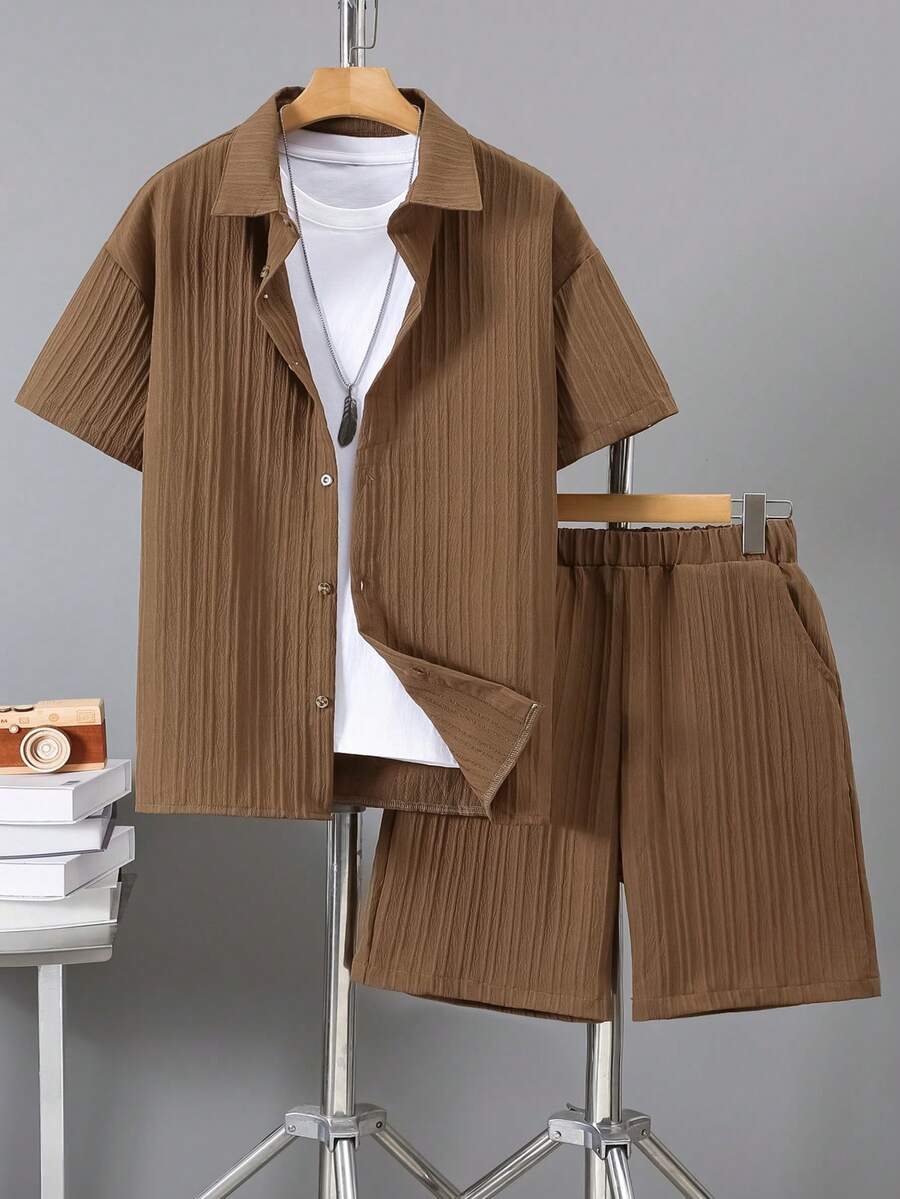 2pcs Teenage Boys' Casual Textured Short Sleeve Shirt And Shorts Set - Brown - View 1