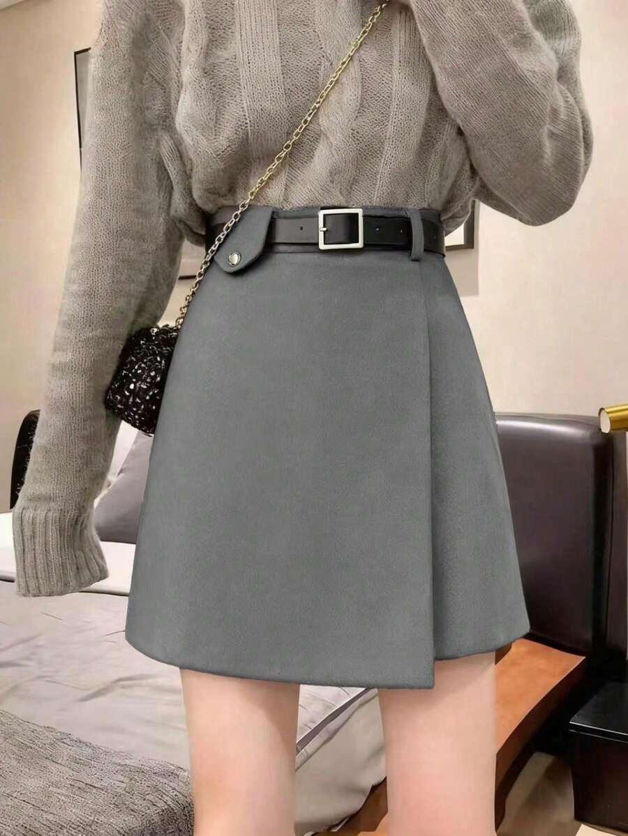 Asymmetrical Design Wool A-Line High Waist Midi Skirt - Grey - View 1