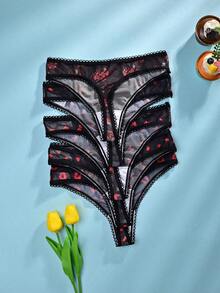 5pcs Women's Thong Panties - Black Solid, Sexy Red Floral, Waist Ruched Ruffle Trim - Black - View 2