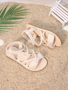 Giày sandal mùa hè cho bé gái, kiểu La Mã mới, sandal đế bằng thoải mái cho trẻ em, giày đi biển hở mũi in họa tiết, đế mềm cho bé gái và trẻ nhỏ. - Màu be - Xem 6