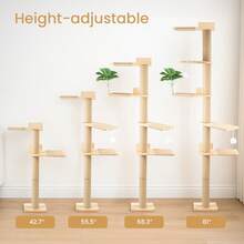 Cat Tree 206 Cm Natural Rubber Wood, 5 Levels Wall Mounted Cat Tree With Widened Base, Plush Balls, 360° Rotatable, XXL Climbing Tree For Cats, For Climbing, Scratching - Natural Wood Color - View 7