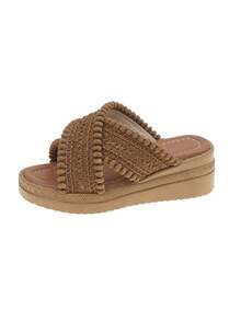 1 Pair Kids' Platform Striped Trim Decorated Summer Canvas Beach Girls Thick Flatform Sandals - Brown - View 7