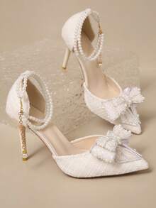 米色高跟鞋，时尚水晶蝴蝶结尖头细高跟鞋，仙女风春夏新品，米色系带搭扣闭趾猫跟凉鞋，性感正式高跟鞋，可搭配连衣裙、旗袍、婚礼服饰