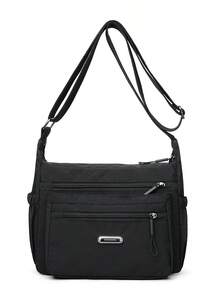 Bolso de hombro de nailon casual con correa ajustable, multicompartimento, unicolor, cierre con cremallera, forro de poliéster, bolso cruzado ligero y conveniente para uso diario - Negro - Ver 3