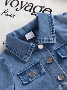 2pcs/Set Infant Girls' Preppy Style Short Sleeve Jacket Top And Pleated Skirt Outfit, Suitable For Daily, Outdoor, School, Commute, Vacation In Summer - Blue - View 4