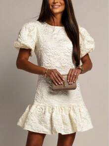 Women's White Short Dress Suitable For Parties, With Puff Sleeves, Round Neck And Ruffle Hem Design, Unique Fabric Texture Summer Elegant - White - View 4