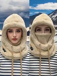 1pc Women's Solid Color Fleece Balaclava Hat, Elastic Drawstring, Lightweight & Warm For Outdoor Use, Cycling, Skiing, Soft & Skin-Friendly - Black Fleece Hood - View 5