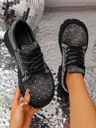 여성용 스파클링 모조 다이아몬드 장식 캐주얼 스니커즈 - 반짝이는 레이스업, 두꺼운 밑창 하이힐, 편안한 사계절 (손세탁 가능), 파티, 갈라 및 캐주얼 웨어에 적합 - 반짝이는 모조 다이아몬드 고무 밑창 하이힐