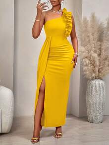 AIJ 2024秋冬女装纯色不对称肩部荷叶边褶皱设计无袖优雅开衩下摆连衣裙，适合派对、约会、单身派对、正式晚宴或盛大活动、情人节及其他场合。 - 薑色 - 查看 1