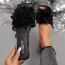 Women's Flat Square Toe Non-Slip Beach Slippers - Black - View 1