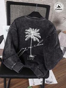 LILL 女士春夏植物印花 T 恤，略带弹性，修身，水洗做旧棉质黑色圆领短袖 T 恤，休闲日常 T 恤。 - 黑色 - 查看 2