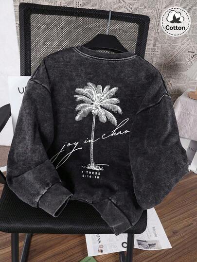 LILL Women's Spring/Summer Botanical Print T-Shirt, Slightly Stretchy, Fitted, Washed And Distressed Cotton Black Crew Neck Short-Sleeved T-Shirt, Casual Everyday T-Shirt.