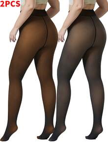 2 Piece Of Women's 200g Wool Lined Tights, Warm Pantyhose, Imitation Translucent Tights, Warm Transparent Thick Leggings, Suitable For Daily Wear At Home, Office, Etc. In Winter With A Temperature Of 15~0℃ - 黑色+蜂蜜色 - 查看 12