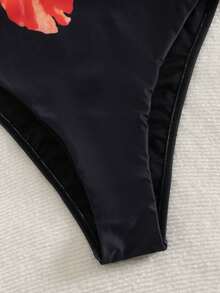 夏季新款性感露背波西米亚印花连体泳衣，高弹力肩带，高开衩沙滩度假泳装，黑色 - 黑色 - 查看 5