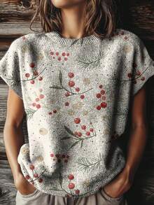 Cottagecore Berry & Leaf Print Sweater: Crewneck Short Sleeve Knit Top In Light Beige For Spring, Mother's Day Gifts And Cozy Everyday Wear For Women. - Màu sắc hỗn hợp - Xem 2