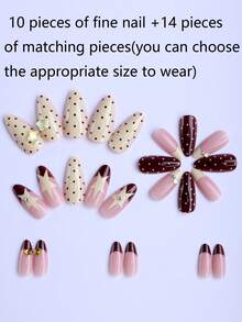 24pcs Almond-Shaped Acrylic Nail Stickers Set, Gift Box Packaging, Inspired By Croissant, Featuring Cocoa Brown & Cream Yellow Tones With Polka Dots, Iridescent Bubbles, Gold Glitter, Stars And Round Metal Beads. These Reusable Nail Stickers Are Easy To Apply And Suitable For Daily Wear, Dates, Parties And Outings. The Set Includes 1 Jelly Gel Sticker And 1 Nail File. Nails Nail Supplies - Multicolor - View 3