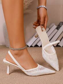 Women's Pointed Toe Kitten Heel Slip-On Sandals - White - View 3