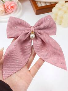 6pcs Solid Color Textured Rhinestone Bow Hair Clips, Elegant Pearl Pendant Large Barrettes, Cute Girl Princess Hair Accessories For Daily Wear And Party - Multicolor - View 9