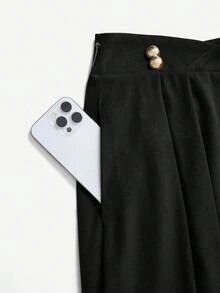Women's Elegant High Waist Solid Color Pleated A-Line Skirt Black Spring - Black - View 4