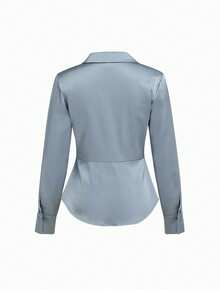 Áo sơ mi dài tay cổ satin màu trơn, dáng ôm, vạt cong thanh lịch, cài cúc phía trước, thích hợp mặc công sở cho nữ mùa xuân. - Màu xanh nhạt - Xem 5