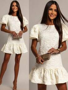 Women's White Short Dress Suitable For Parties, With Puff Sleeves, Round Neck And Ruffle Hem Design, Unique Fabric Texture Summer Elegant - White - View 1