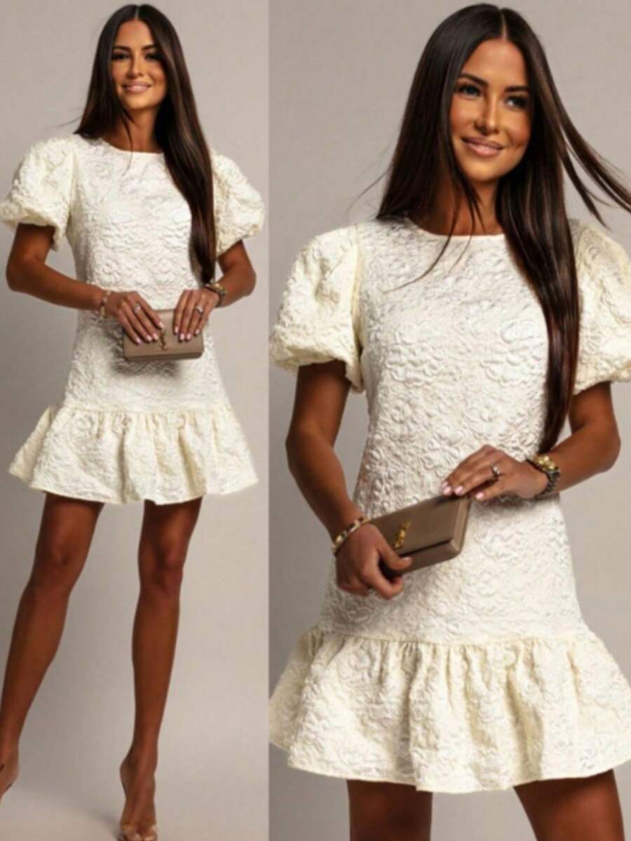 Women's White Short Dress Suitable For Parties, With Puff Sleeves, Round Neck And Ruffle Hem Design, Unique Fabric Texture Summer Elegant - White - View 1