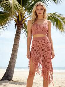 Knitted Beach Cover-Up Skirt With Fringes - 珊瑚粉 - 查看 2