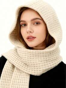 1pc Women's Fashion Solid Color Black/Beige/Khaki/Brown Knitted Pattern Warm Hooded Scarf, Suitable For Dates, Outings, Daily Wear, Christmas, Valentine's Day And Other Occasions