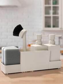 6件套厨房水槽台面收纳套装，包含带海绵架的塑料皂液器、洗碗刷、海绵和托盘，现代设计，适合家居清洁、浴室装饰，也适合秋季和开学季使用。