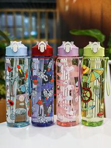 1pc 750ml/26oz Cute Cartoon Pattern Straw Water Bottle, Lightweight, Durable, Suitable For Camping, Running, Daily Use, Holiday & Birthday Gift - Multicolor - View 10