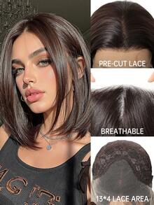 13*4 High Definition Lace 10 Inch Black Brown Bobo Head Straight Synthetic Wig, Fashionable Halloween Funny Style, 10 Inch Bobo Head Straight Hair, 13*4 High Definition Lace Area, No Bangs, Heat Resistant Synthetic Hair, Suitable For Daily Wear, Parties, Halloween And Cosplay. - Black Brown - View 2
