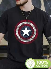 Camiseta de algodón de manga corta para hombres con estampado de escudo de anime, cuello redondo, ajuste casual, tela cómoda, perfecta para uso diario en todas las estaciones, regalo ideal de Navidad para Pascua, Halloween, Acción de Gracias y más. - Negro - Ver 1