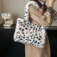 New Leopard Print Large Bag, Plush Shoulder Bag, Fashion Large Capacity Chain Strap Crossbody Bag, Dual Handle Leopard Faux Fur Casual Tote Shoulder Bag For Women, Fuzzy, Soft, Plush, Fluffy Leopard Fluffy Tote Bag For Girls, Women, College Students, Rookies & White-Collar Workers For Work, Office, Commute - 白色 - 查看 4