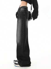 青少年女孩复古宽松喇叭腿洗水黑色牛仔裤