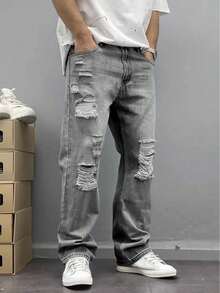 Men's Loose Distressed Casual Denim Jeans - Fashionable Relaxed Fit - Grey - View 4